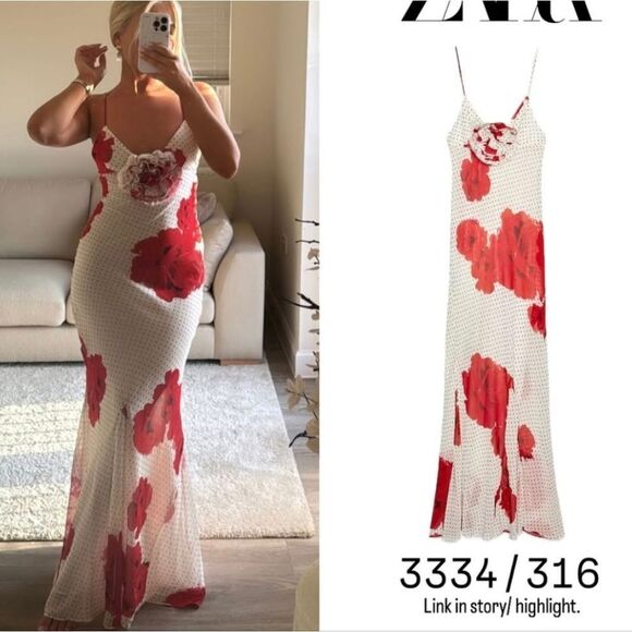 NWT Zara FLORAL PRINT LONG DRESS Polka Dot White And Red Flower - Picture 11 of 16